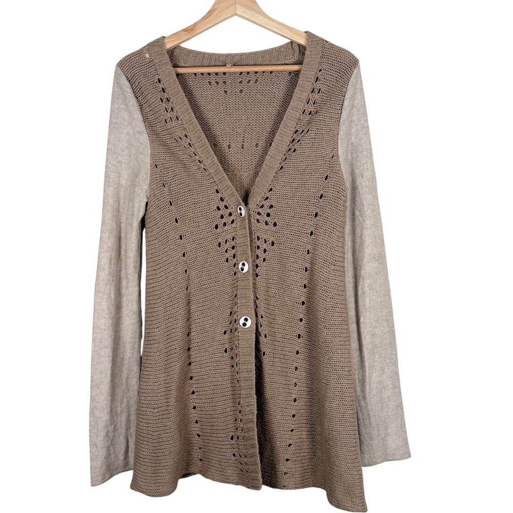 Free People Wool Blend Lace Back Pointelle Cardigan Sweater Taupe Womens Small